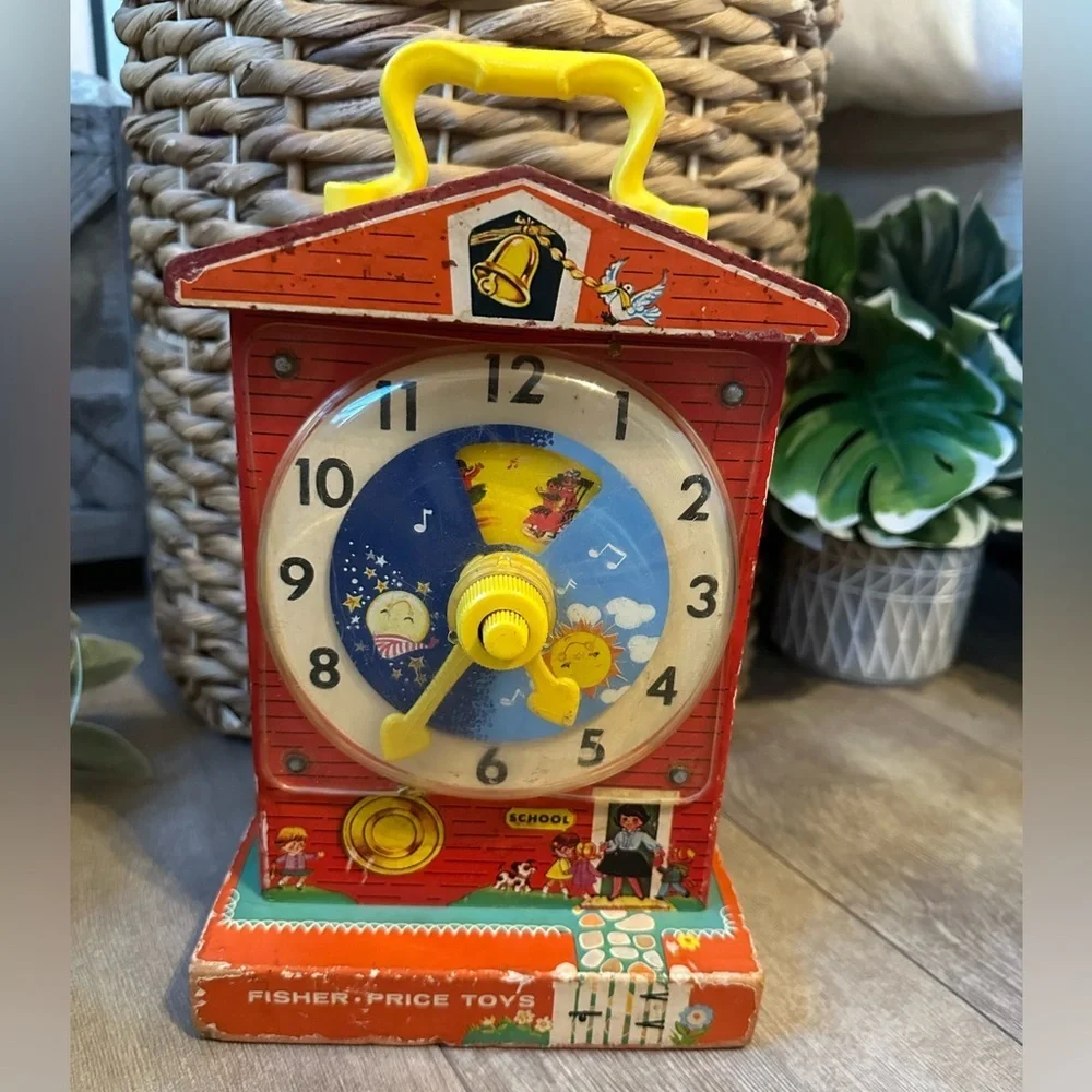 Vintage 1960s Fisher-Price Children’s Toy Red Yellow Music Box Teaching Clock